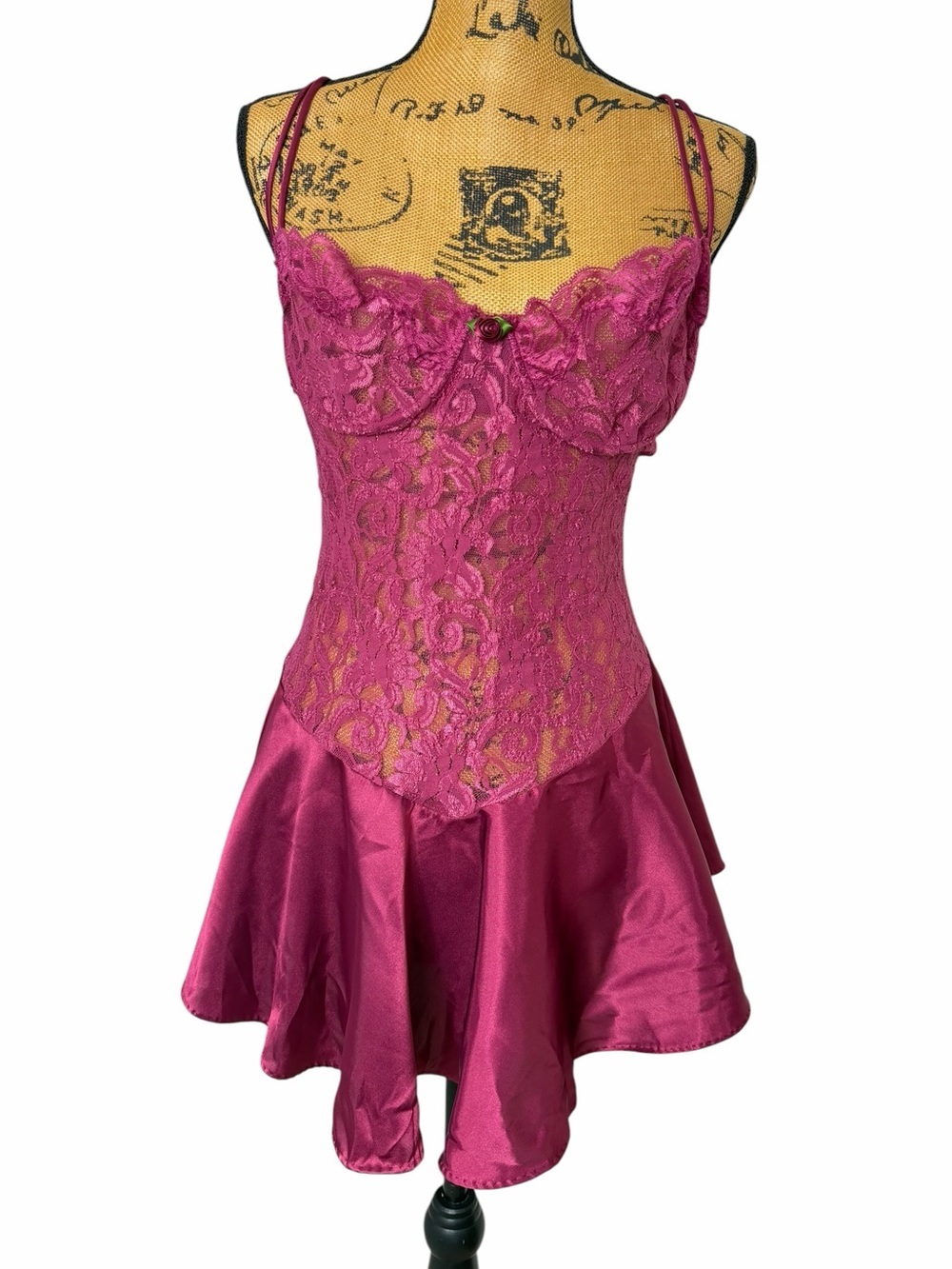Private Luxuries Vintage Magenta Lace Satin Babydoll Slip Dress L USA - Picture 2 of 6